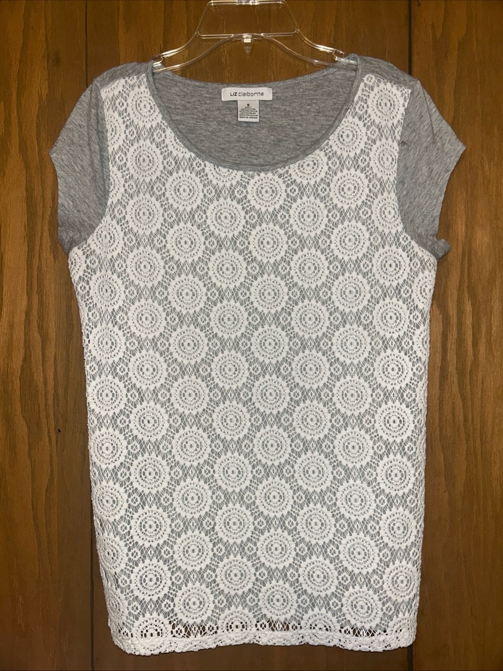 Liz Claiborne Gray Tee with White Lace Front Overlay- Short Cap Sleeve Top